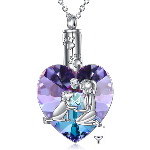 Sterling Silver Heart Crystal Dog & Ivy Heart Urn Necklace for Ashes for Women