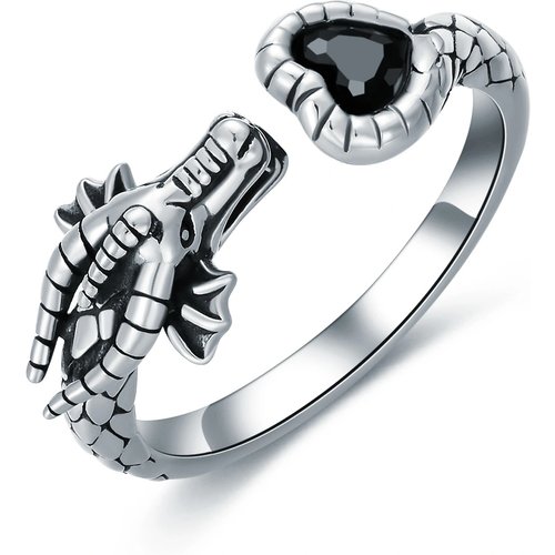Sterling Silver Heart Crystal Dragon Open Ring