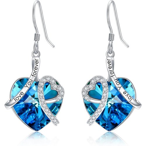 Sterling Silver Heart Shaped Crystal Heart Drop Earrings with Engraved Word