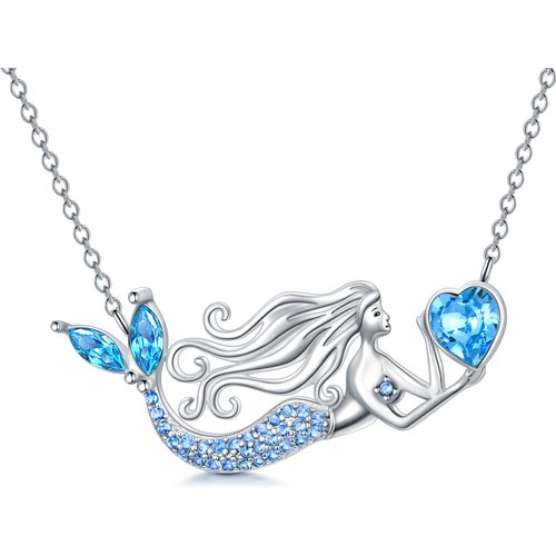 Sterling Silver Heart Crystal Mermaid Pendant Necklace