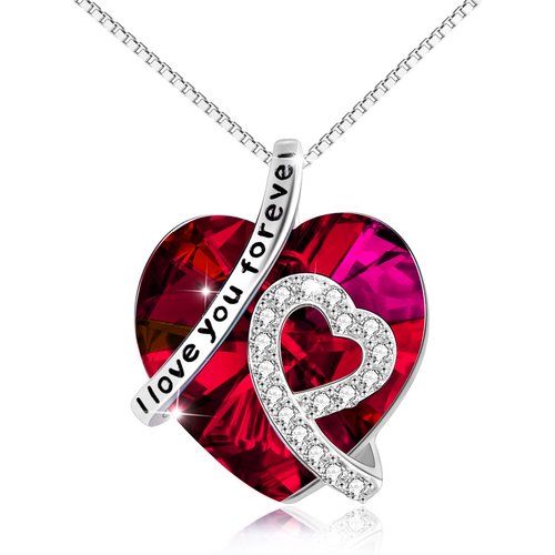 Sterling Silver Red Heart Crystal Engraved Box Chain Necklace for Women