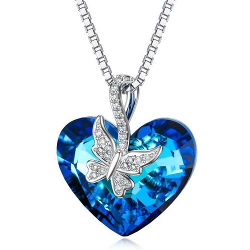 Sterling Silver Blue Heart Butterfly Crystal Pendant Necklace For Women