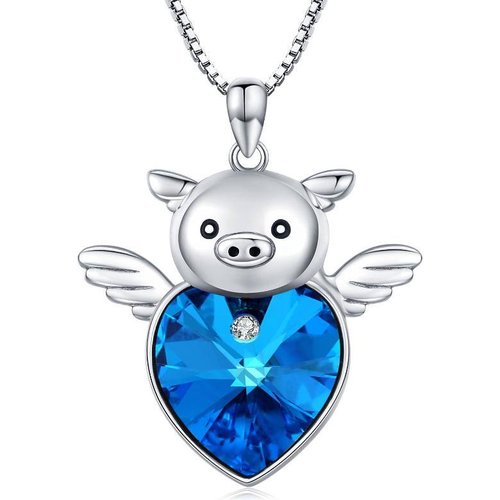 Sterling Silver Heart Crystal Pig Pendant Necklace