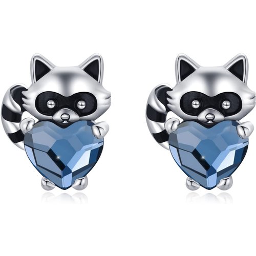 Sterling Silver Heart Crystal Raccoon Stud Earrings For Women