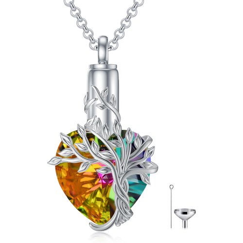 Sterling Silver Heart Crystal Tree Of Life Cremation Urn Necklace For Ashes