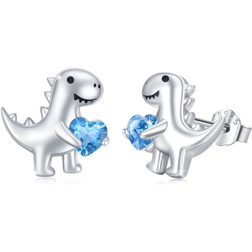 Sterling Silver Heart Cubic Zirconia Dinosaurs Stud Earrings