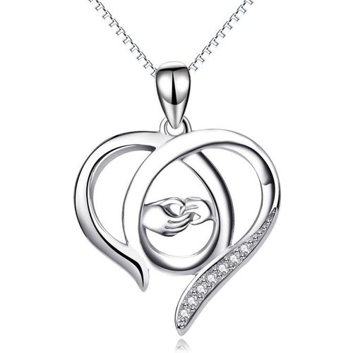 Sterling Silver Cubic Zirconia Heart & Hold Hands Pendant Necklace