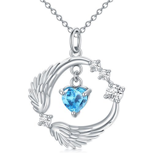 Sterling Silver Heart Moissanite & Topaz Angel Wings Pendant Necklace