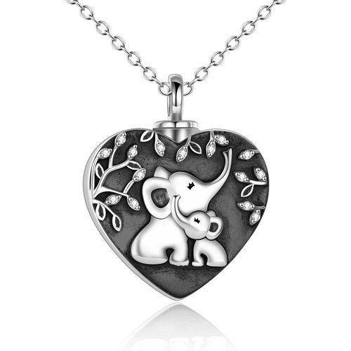 Sterling Silver Heart Mom Elephant & Baby Urn Necklace for Ashes with Engraved Word