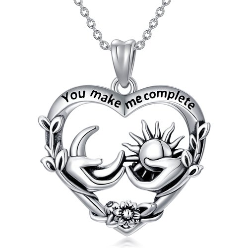 Sterling Silver Heart & Moon Pendant Necklace with Engraved Word