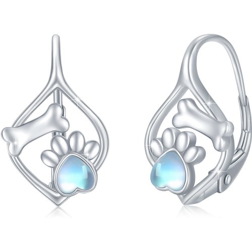 Sterling Silver Heart Moonstone Paw Lever-back Earrings