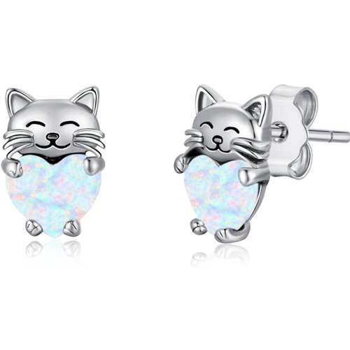 Sterling Silver Heart Opal Cat Stud Earrings for Girls Women