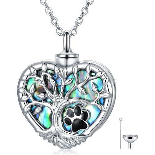 Sterling Silver Heart Abalone Shellfish Paw With Tree Of Life Urn Necklace For Ashes For Women Best Friend