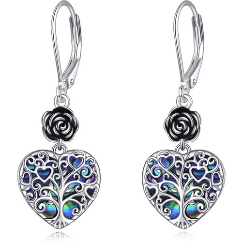 Sterling Silver Heart Shaped Abalone Shellfish Rose & Tree Of Life Lever-back Earrings