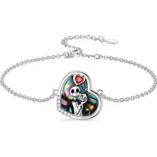 Sterling Silver Heart Shaped Abalone Shellfish Heart & Skeleton Charm Bracelet