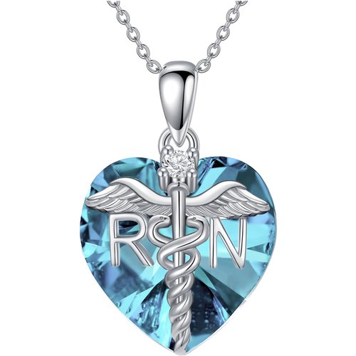 Sterling Silver Heart Shaped Angel Wing & Caduceus Crystal Pendant Necklace
