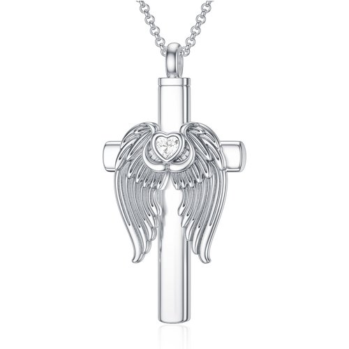 Sterling Silver Heart Cubic Zirconia Angel Wing & Cross Urn Necklace For Ashes