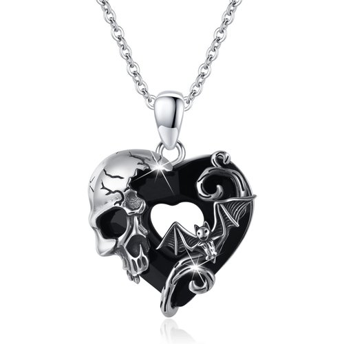 Sterling Silverbat Skull With Heart Crystal Pendent Necklace For Women
