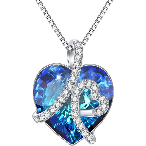 Sterling Silver Heart Blue Crystal Heart Pendant Necklace With Box Chain For Women Best Friend