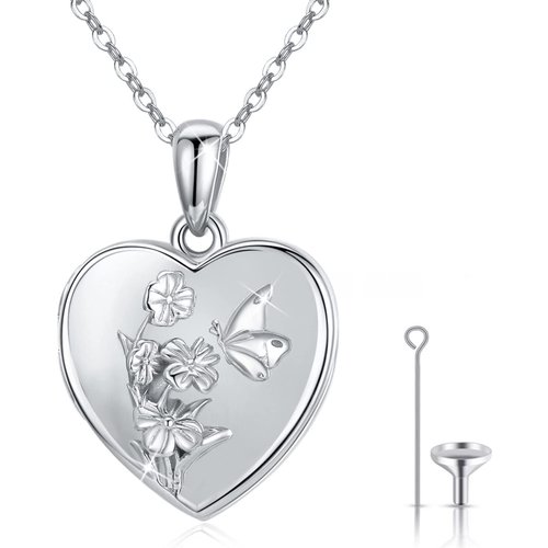 Sterling Silver Heart Shaped Butterfly Urn Necklace for Ashes