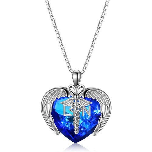 Sterling Silver Heart Caduceus Heart Crystal Pendant Necklace With Engraved Word For Women