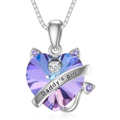 Sterling Silver Cat Heart Crystal Pendant Necklace With Engraved Word For Women
