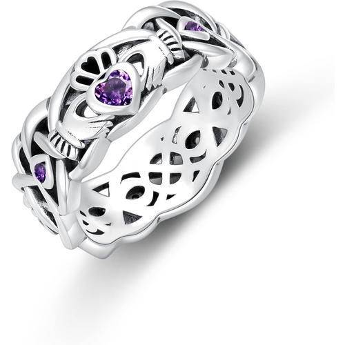 Sterling Silver Heart Shaped Cubic Zirconia Celtic Knot & Claddagh Birthstone Ring
