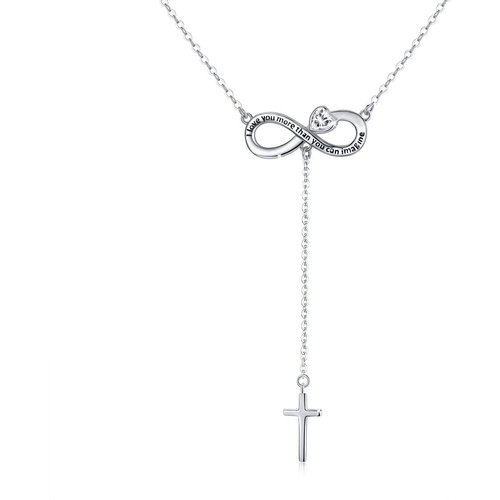 Sterling Silver Heart Cubic Zirconia Cross With Heart Infinity Symbol Non-Adjustable Y-Necklace With Engraved Word For Women