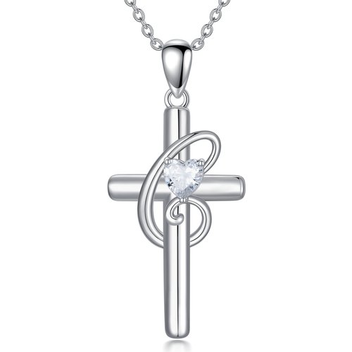 Sterling Silver Heart Shaped Cubic Zirconia Cross Pendant Necklace with Initial Letter C