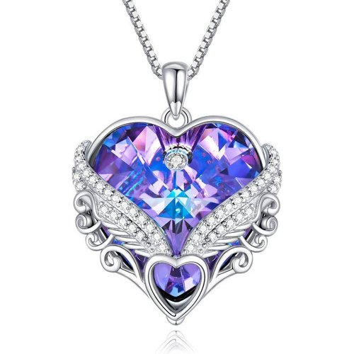 Sterling Silver Heart Crystal Angel Wing Feather Pendant Necklace For Women