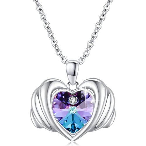 Sterling Silver Heart Crystal Angel Wing Pendant Necklace For Women