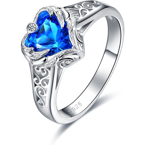 Sterling Silver Blue Heart Crystal Angel Wing With Heart Ring For Women