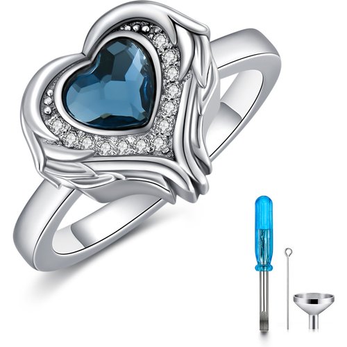 Sterling Silver Heart Crystal Angel Wing With Heart Urn Ring For Women