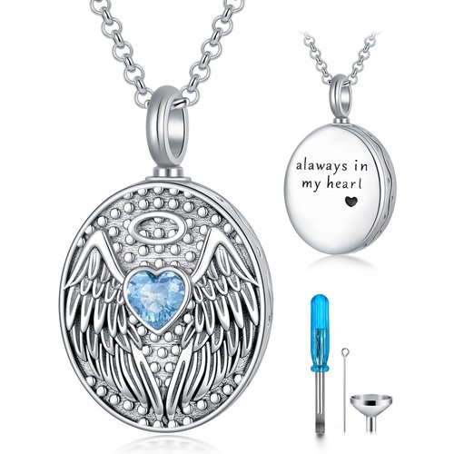 Sterling Silver Heart Shaped Crystal Angel Wings Urn Necklace for Ashes with Engraved Word