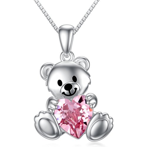 Sterling Silver Heart Shaped Crystal Bear Pendant Necklace