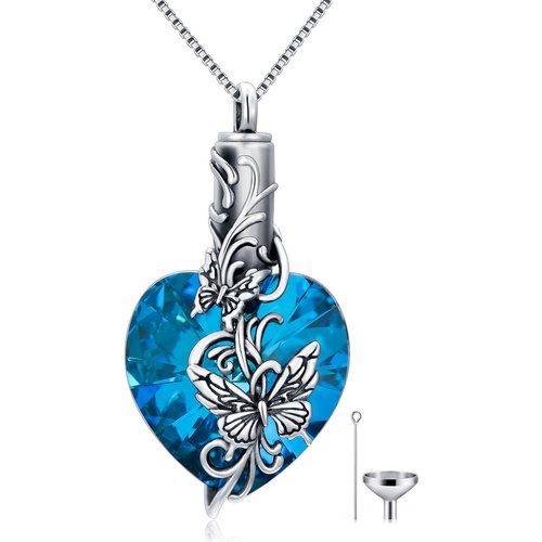 Sterling Silver Heart Shaped Crystal Butterfly & Ivy Urn Necklace for Ashes