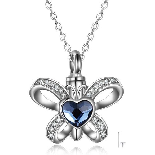 Sterling Silver Heart Shaped Crystal Butterfly Urn Necklace for Ashes