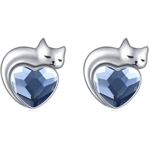 Sterling Silver Heart Crystal Cat Stud Earrings For Women