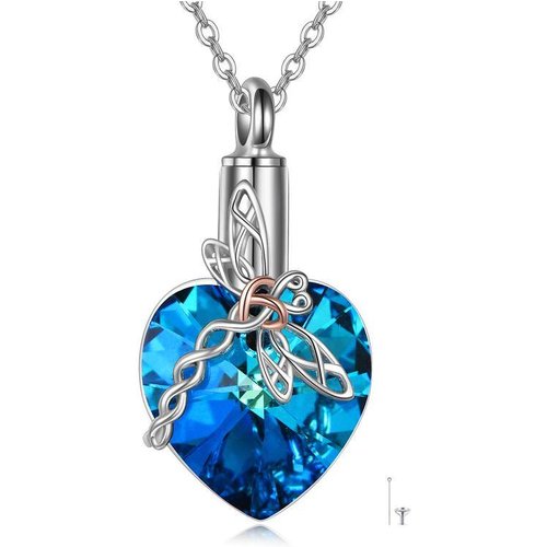 Sterling Silver Heart Shaped Crystal Celtic Knot Dragonfly Urn Necklace for Ashes