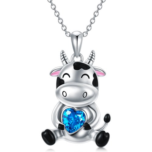 Sterling Silver Heart Crystal Cow & Heart Pendant Necklace For Women