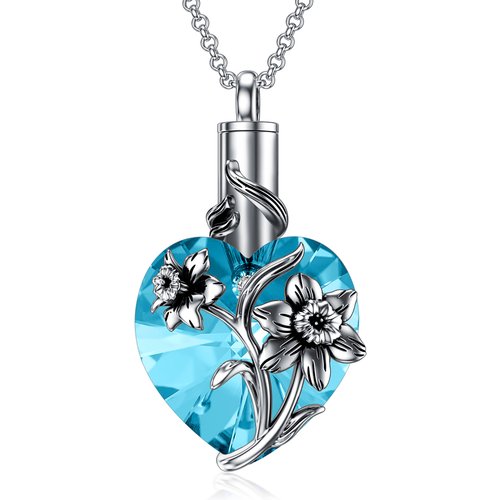 Sterling Silver Heart Crystal Lily Pendant Urn Necklace For Ashes Cremation Jewelry