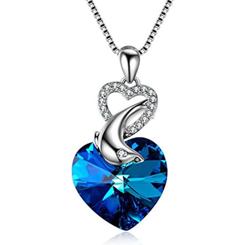Sterling Silver Heart Crystal With Dolphin Pendant Necklace For Women