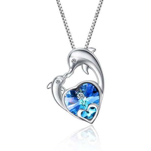 Sterling Silver Heart Shaped Crystal Dolphin & Heart Pendant Necklace
