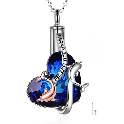 Sterling Silver Heart Crystal Dolphin Urn Necklace For Ashes With Engraved Word