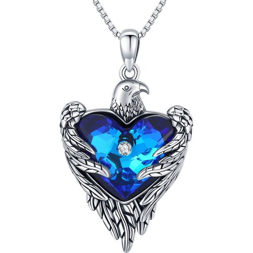 Sterling Silver Heart Crystal Eagle & Heart Pendant Necklace For Unisex