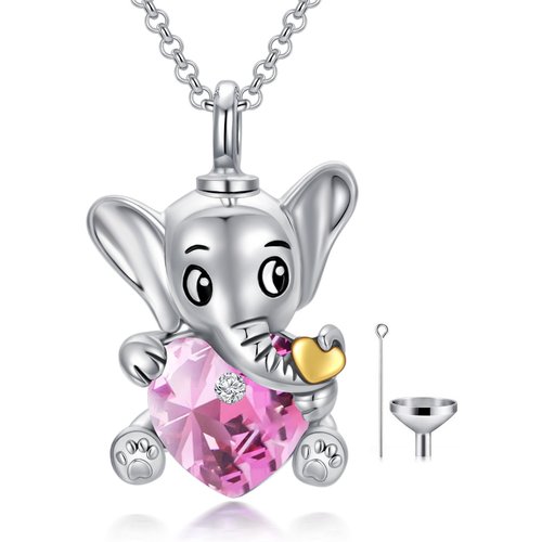 Sterling Silver Heart Shaped Crystal Elephant Urn Necklace for Ashes