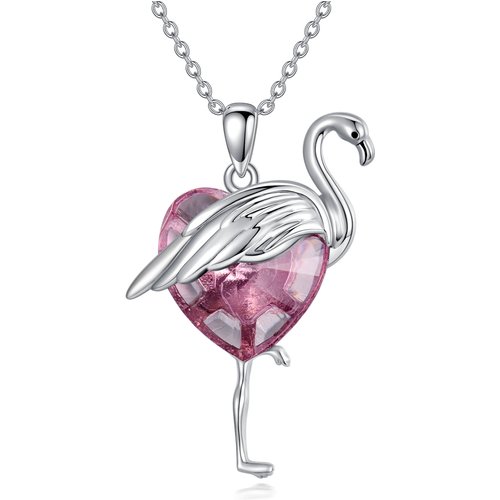 Sterling Silver Heart Crystal Flamingo Pendant Necklace For Women