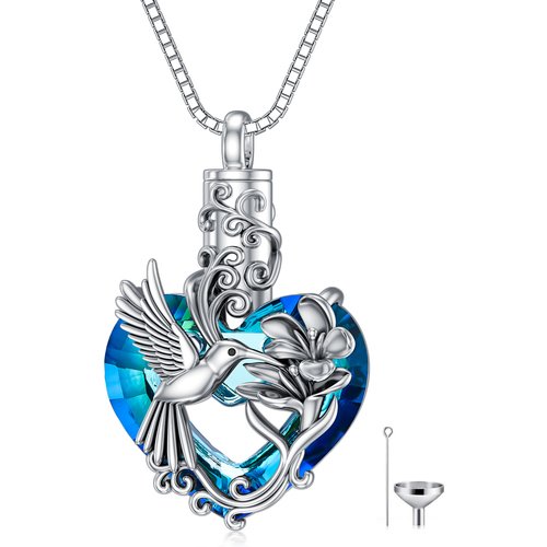 Sterling Silver Heart Shaped Crystal Hummingbird & Violet Urn Necklace for Ashes