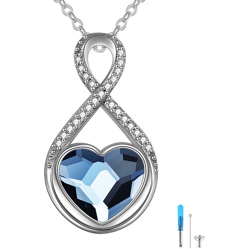 Sterling Silver Heart Shaped Crystal Infinite Symbol Urn Necklace for Ashes with Engraved Word