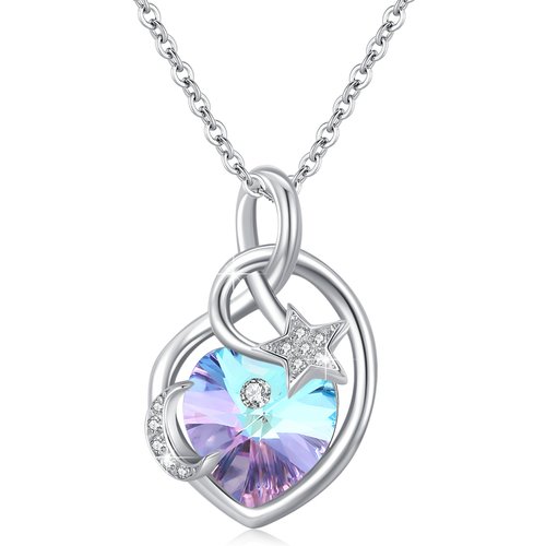 Sterling Silver Heart Shaped Crystal Moon Pendant Necklace